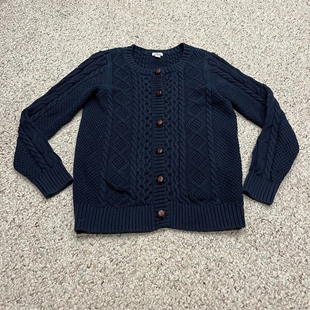 LL Bean Cable Knit Cotton Button Front Cardigan Sweater M Navy Preppy Fisherman